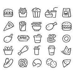 Fast food icon set. Containing burger, pizza, fries, hotdog, sandwich, soda, takeaway and more. Editable stroke. Vector illustration pack