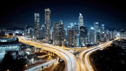 Modern city skyline night highway interchange illuminated with glowing light trail sweeping traffic - Powered by Adobe