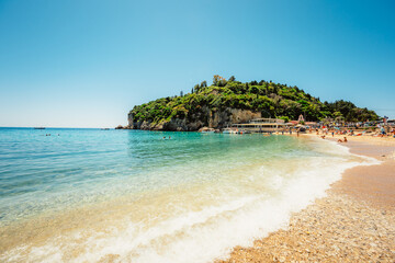 Holy Monastery of the Virgin Mary at Paleokastritsa in Corfu. Palaiokastritsa bay on the Greek island of Corfu