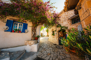 Alley decorated with flowers in the picturesque village of Afionas vacation on the island of Corfu in Greece near
Porto Timoni beach