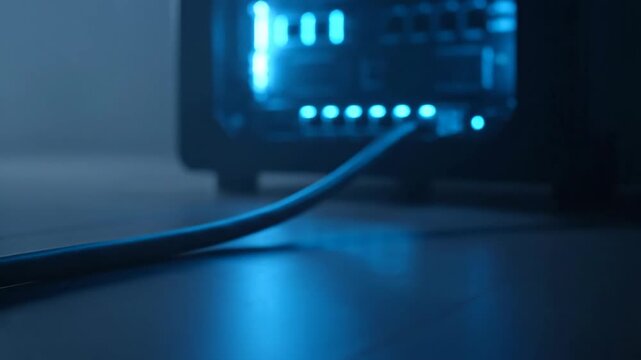 Close-up of a server with vibrant blue neon lights and cable on the floor.