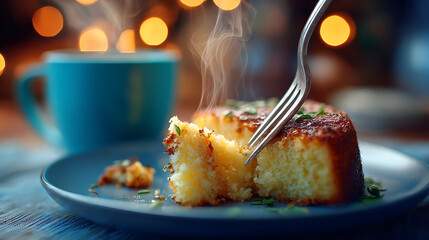 Cozy latte art coffee served with a slice of berry cream cake topped with frosted cranberries, elegant dessert setting with warm lighting, soft textures, and inviting cafe atmosphere
