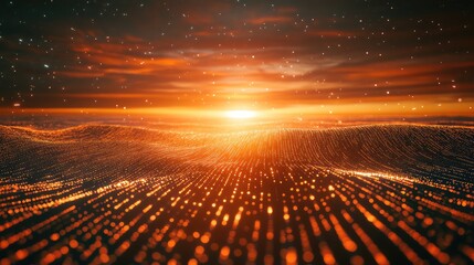 Digital data field connecting global network at sunset