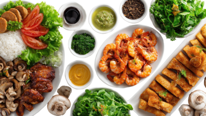 A vibrant spread of various dishes, including seafood and vegetables
