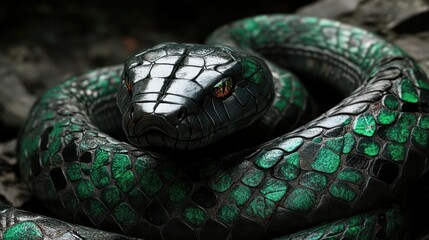 Cobra, scales like polished obsidian inlaid with glowing emerald runes, surreal mystical armor texture, dramatic spotlight, coiled