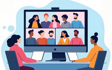 Online video call concept, virtual conference with team of remote workers, computer screen, working from home, a group of men and women colleagues have meeting, web communication. Vector illustration