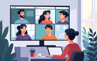 Online video call concept, virtual conference with team of remote workers, computer screen, working from home, a group of men and women colleagues have meeting, web communication. Vector illustration