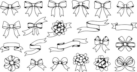 Hand-drawn sketch collection of decorative bows and ribbons in various styles for gift wrapping, celebrations, and festive designs. Outline vector illustration.