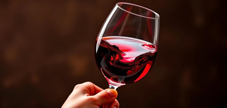 A hand holding a wine glass, red wine swirling inside, rich, pinot noir - Powered by Adobe