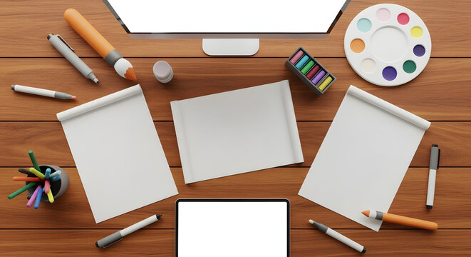 Overhead View of Artist's Creative Workspace with Monitor, Tablet, Sketchbooks, Paint Palette, Markers and Art Supplies on Wooden Desk Flat Lay - Powered by Adobe