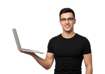 Smiling young man wearing glasses and a black t shirt holding a laptop computer isolated on transparent background