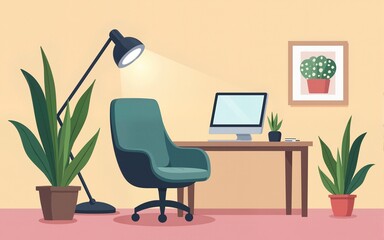Cozy remote work setup featuring plants, a chair, a lamp, and a tablet on a pastel background for a productive workspace. High quality