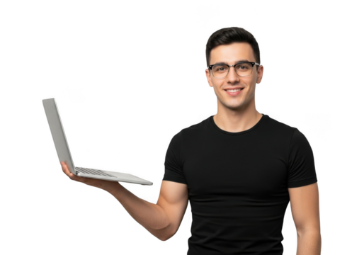 Smiling young man wearing glasses and a black t shirt holding a laptop computer isolated on transparent background