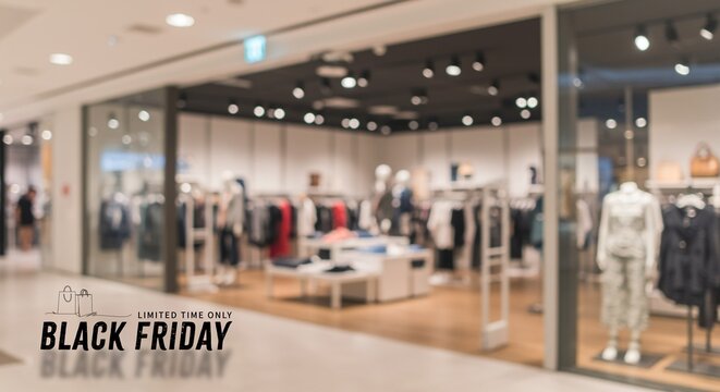 Black Friday Sale concept. Blur focus of interior view of shop in shopping mall.