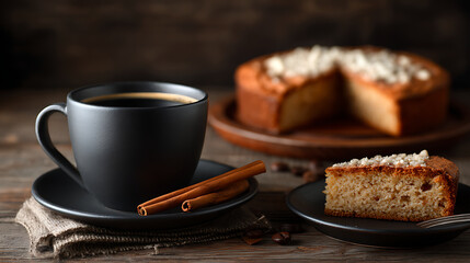 Creamy matcha latte with beautiful latte art served in a ceramic cup beside a pistachio cake slice topped with raspberry, elegant minimalist dessert setup on bright background for caf&eacute; and food stylin