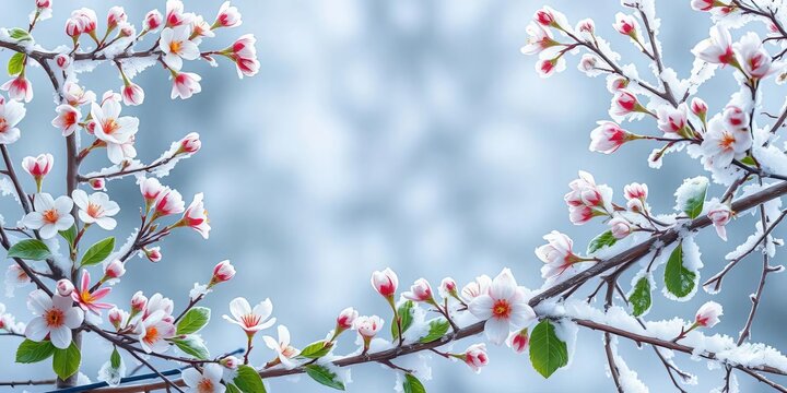 Delicate winter blooms, frosted leaves, and icy branches form an elegant frame,  background,  winter wonderland - Powered by Adobe