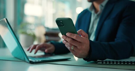 Laptop, phone and hands of business man in office for broker contact, account manager and research. Digital portfolio, investment advisor and online report with person in agency for risk assessment