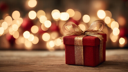 red gift box on wooden table with blurred festive light background