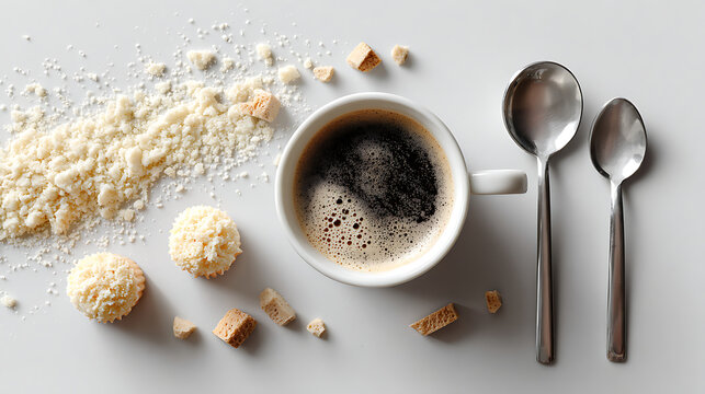 Fresh Black Coffee with Coffee Bean Dessert,Coffee Cup and Cake Slice with Coffee Beans,Elegant Coffee and Dessert Pairing,Modern Coffee and Cake FlatLay,Cake Slice with Coffee Beans,Ai