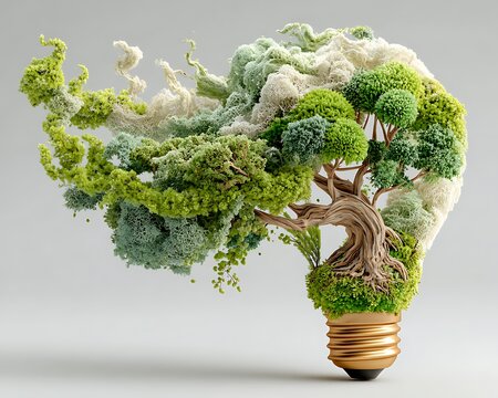Light bulb growing tree branches showing creativity process in educational green tones - Powered by Adobe