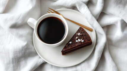 Fresh Black Coffee with Coffee Bean Dessert,Coffee Cup and Cake Slice with Coffee Beans,Elegant Coffee and Dessert Pairing,Modern Coffee and Cake FlatLay,Cake Slice with Coffee Beans,Ai