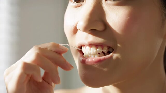 Young Asian woman flossing teeth for oral hygiene and healthy lifestyle.