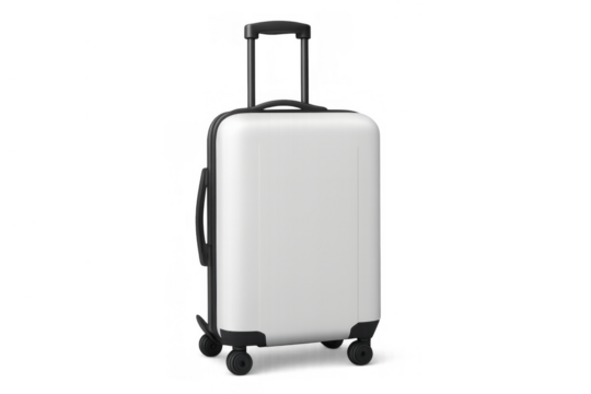 Hard-shell rolling suitcase for travel and vacation, packed and ready for airport departure, transparent background