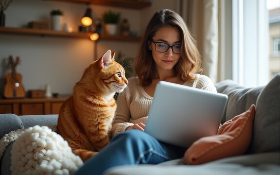 Woman comfortably sitting at Cozy home on sofa, working on laptop, accompanied by red cat. Comfort, remote work, and companionship of pets, related to home office and pet-friendly lifestyles