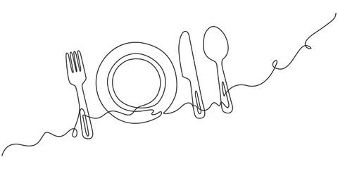 Continuous one line drawing of plate, spoon and fork minimal outline vector illustration, Continuous single line drawing of a plate with fork and knife. Editable stroke