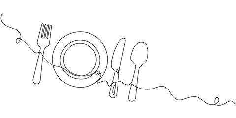 Continuous one line drawing of plate, spoon and fork minimal outline vector illustration, Continuous single line drawing of a plate with fork and knife. Editable stroke