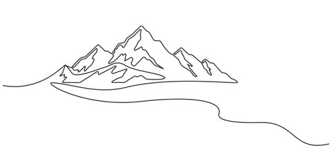 One continuous line drawing of mountain range landscape template, Minimalist mountain continuous one line drawing vector illustration, Continuous one line drawing of mountain range landscape. © Shovo