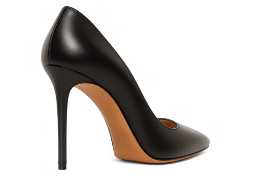 Black leather stiletto pump, an elegant high heel shoe portraying classic fashion and modern style, transparent background