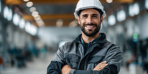 Confident Smiling Construction Worker with Arms Crossed at Industrial Workplace