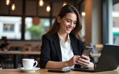 Business woman working remotely in coffee shop using a smartphone for video chatting. High quality