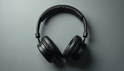 Overhead view of black over ear headphones resting on a smooth gray surface. This audio device is ready for listening music, podcasts or gaming. It is a modern gadget for sound.