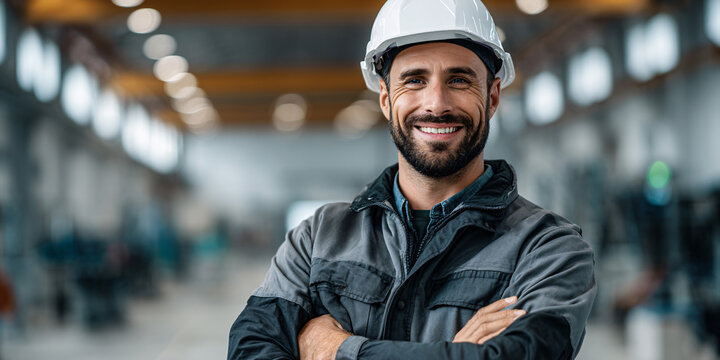 Confident Smiling Construction Worker with Arms Crossed at Industrial Workplace