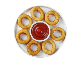 Plate of Crispy Fried Onion Rings with Tangy Ketchup Sauce on a White Background