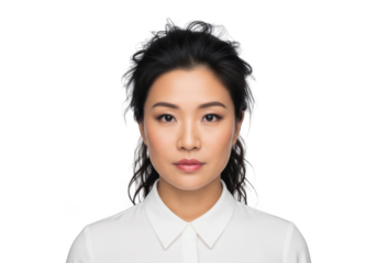 A young asian woman with dark hair pulled back wearing a white collared shirt looking directly forward isolated on transparent background