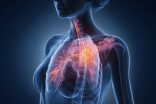 Detailed medical graphic illustrating advanced-stage breast cancer with metastasis spreading to the bone and chest showing affected organs, tissue structure, and disease progression