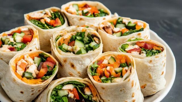 Fresh vegetable and chicken tortilla roll up wrap with spinach lettuce cucumber tomato bell pepper