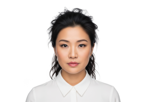 A young asian woman with dark hair pulled back wearing a white collared shirt looking directly forward isolated on transparent background