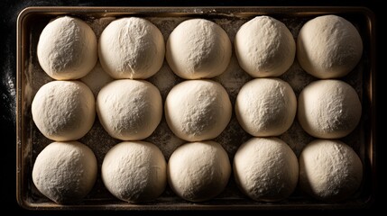 Perfectly rounded dough balls arranged in neat rows on a floured baking sheet ready for baking in a minimalist kitchen setting
