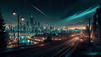 道路から見える流れ星と夜景