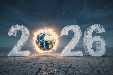 Dramatic composition of icy numbers "2026" on cracked ground, with Earth sphere glowing in flames as the zero, symbolizing environmental crisis and global warming