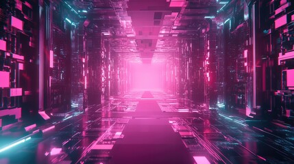 Futuristic digital tunnel with glowing neon lights