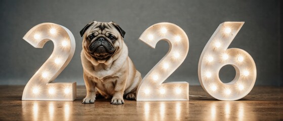 Cute pug dog sitting between large glowing 2026 numbers on wooden floor, cozy New Year celebration setup, neutral background