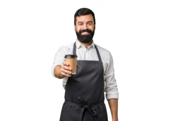 Friendly bearded barista wearing an apron offers a takeaway coffee cup with a warm smile isolated on transparent background