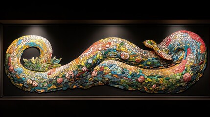 Snake whose scales are tiny, intricate, colorful mosaics telling a story, surreal narrative serpent, museum spotlight
