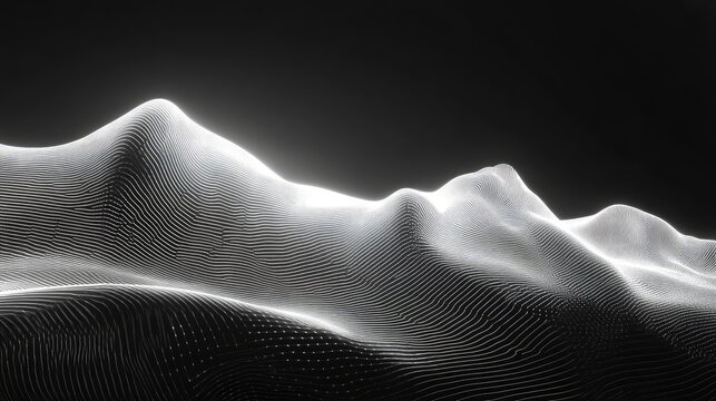 Digital landscape with glowing wireframe waves creating abstract peaks - Powered by Adobe