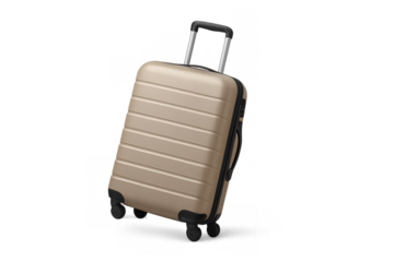 Beige hard-shell rolling luggage with telescopic handle for travel and vacation, transparent background